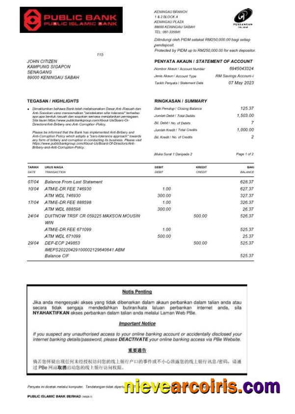 Malaysia Public Islamic fake bank statement Word and PDF, 2 pages